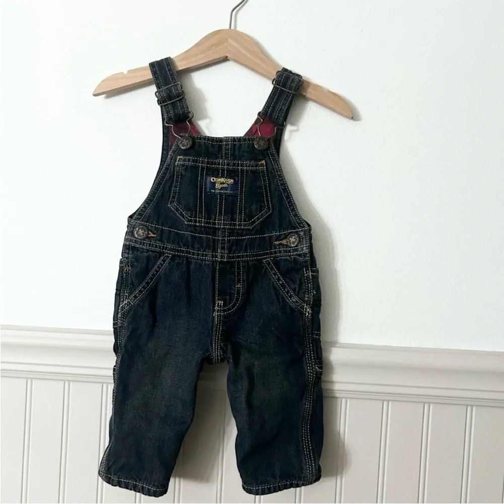 Vintage OshKosh B'gosh Baby 3 Months Dark Blue Denim Flannel Lined Overalls